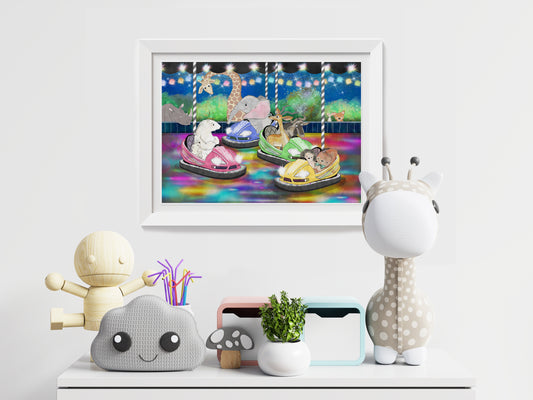 Whimsical Nursery Prints, Animal Theme, Whimsical Animal Art, Animals in Dodgems, Colourful Nursery & Children's Room Art Print, Gender Neutral Nursery Prints with Animal Themey Print