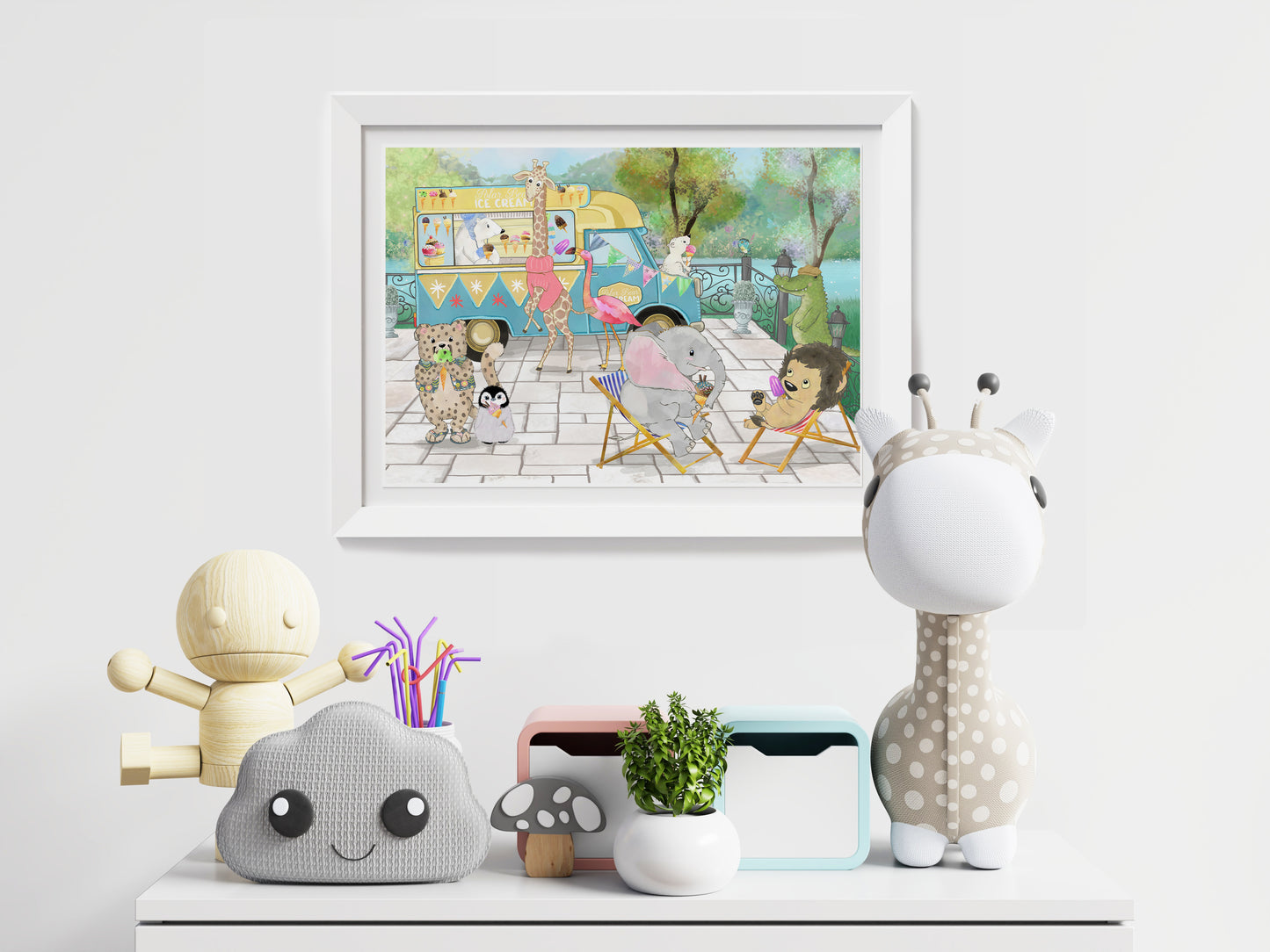 Whimsical Nursery Art Print, Animals & the Vintage Ice Cream Van, Animal Theme Nursery Print, Gorgeous Children's Wall Art, Whimsical Animal Art Print, Colourful Animal Nursery