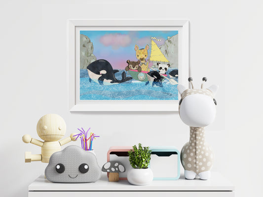 Whimsical Animal Art, Nursery Prints, Whale Watching Print, Orca Whale, Children's Wall Art, Nautical Nursery, Whimsical Art for Children