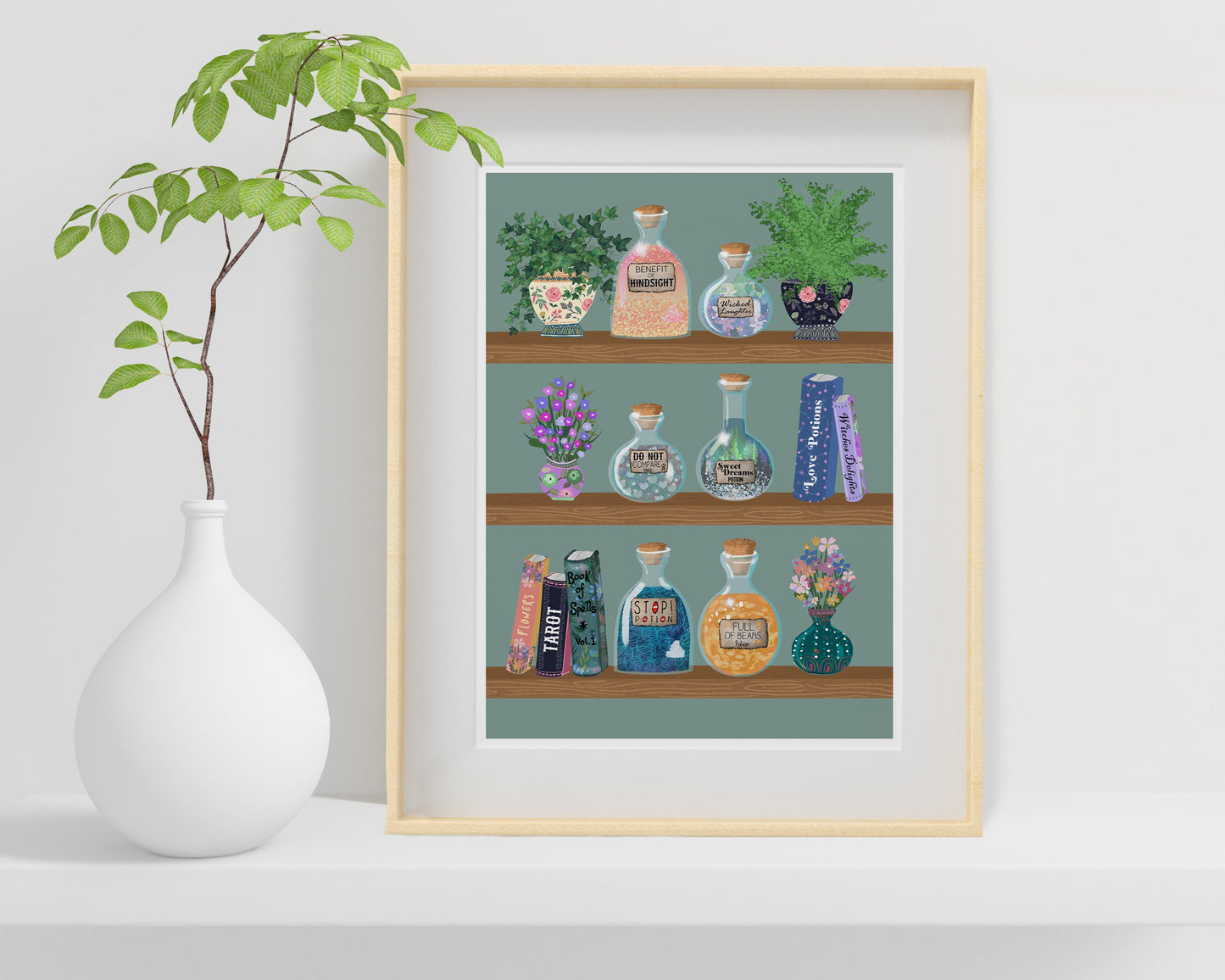 Apothecary Print - Apothecary Wall Art - Custom Apothecary Home Decor - Personalised Potions Print - Six magic potions in pretty hand drawn bottles, on three selves with books, plants on a green background - You choose six potions for each print - choose from the options shown