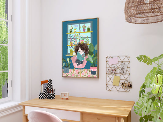 Art Print for Book Lovers, Girl Reading Books Art Print, Boho Room Art Prints, Book Nook Print, Book Lovers Gift, Fun & Colourful Prints