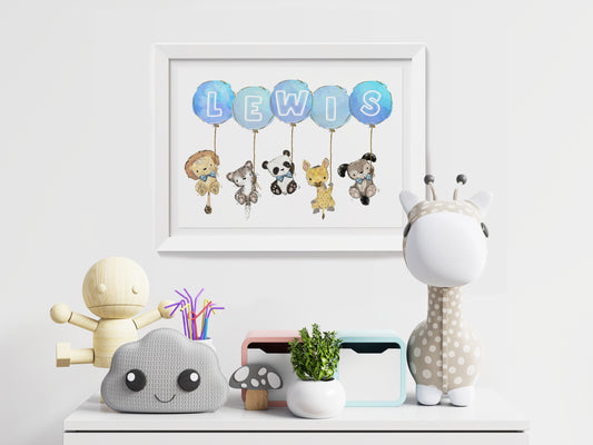 Baby name letters written in colourful balloons with animals holding them floating up