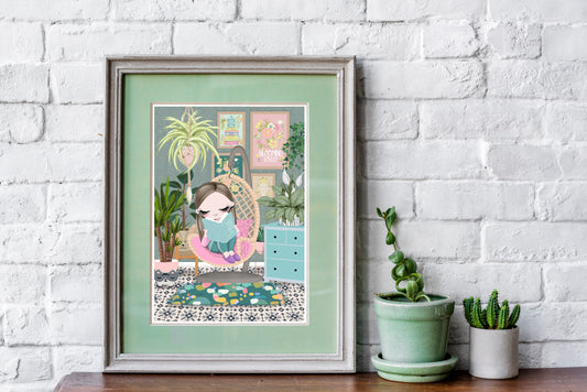 Book Lovers Print, Girl Reading Books Print, Boho Room Art Prints, Book Nook, Cottage Core, Book Lovers Gift, Mindfulness, Me Time, Fun & Colourful Prints