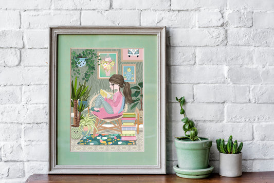 Book Lovers Print, Girl Reading Books Print, Boho Room Art Prints, Book Nook, Cottage Core, Book Lovers Gift, Mindfulness, Me Time, Fun & Colourful Prints