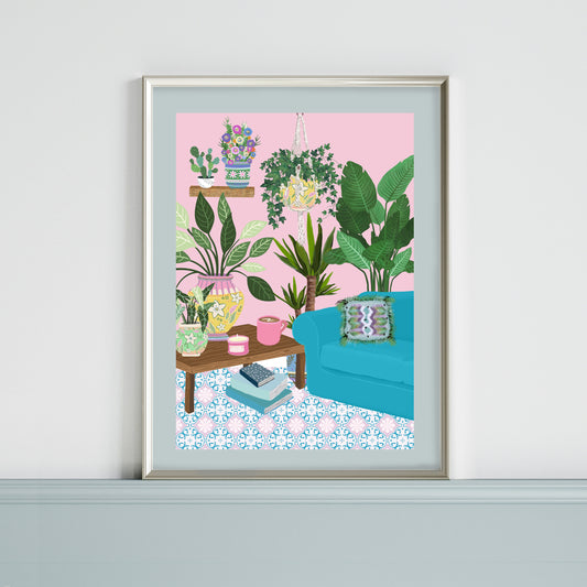 Pink Room - Botanical Art Print - Plants in Pink Lounge - Cottage Core Aesthetic - Beautiful Vibrant On Trend Print - Colourful & Fun Print