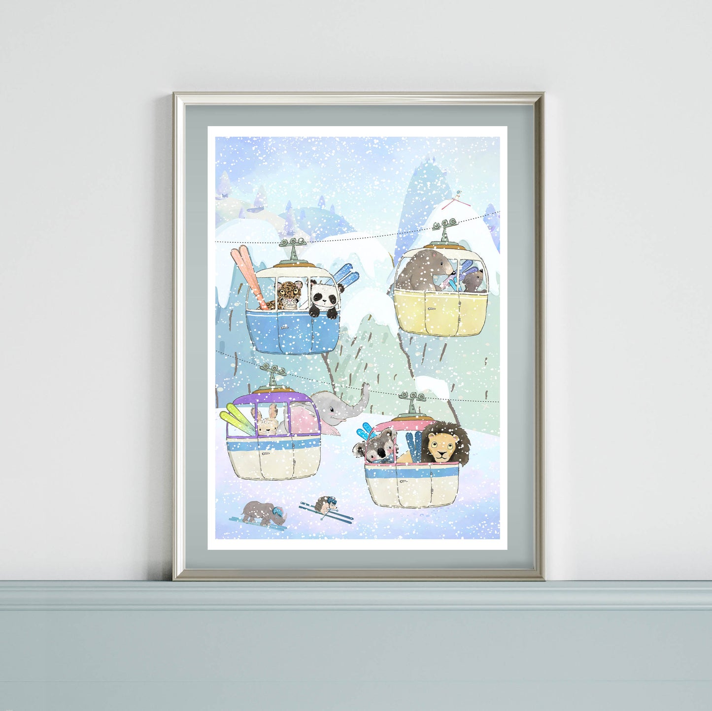 Nursery Wall Art, Mountain Theme Nursery Print, Children's Wall Art, Animals Skiing Print, Whimsical Animal Art Print