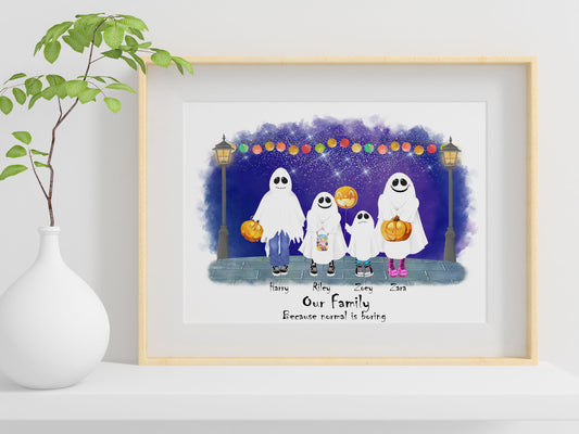 Custom made ghost family holding pumpkins displayed on a white shelf, next to a plant