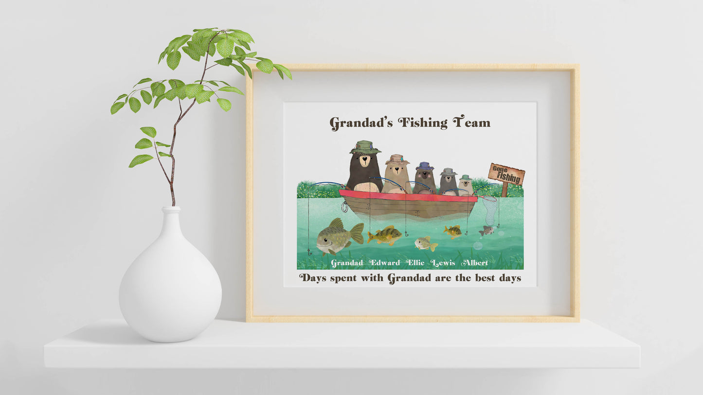Personalised Fishing Family Print, Gift for Dad, Gift For Grandad, For Fishing Lovers, Personalised Gift for Him