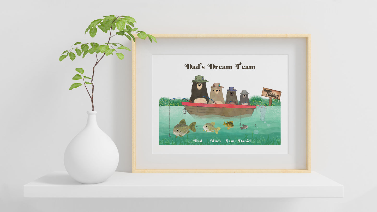 Personalised Fishing Family Print, Gift for Dad, Gift For Grandad, For Fishing Lovers, Personalised Gift for Him