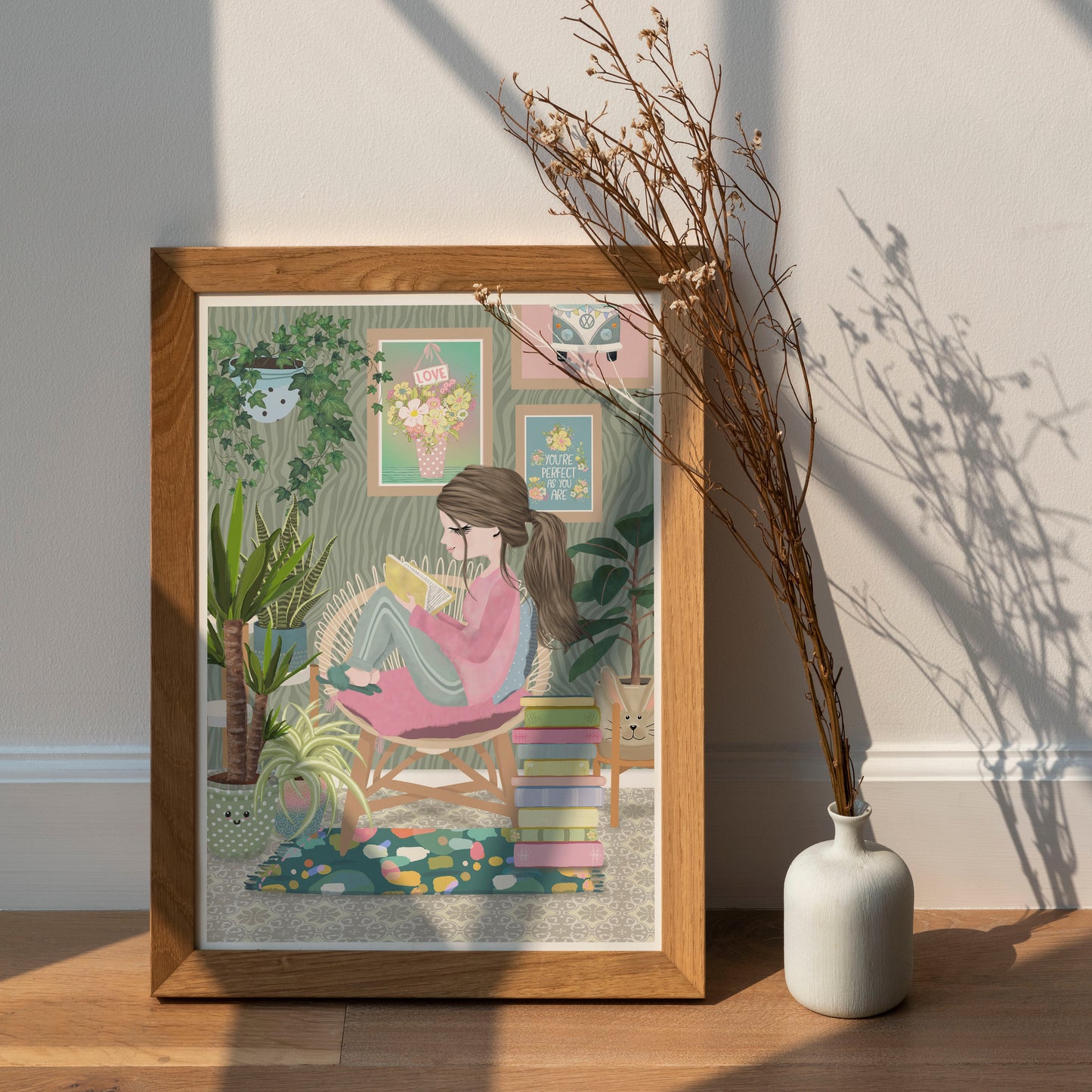 Book Lovers Print, Girl Reading Books Print, Boho Room Art Prints, Book Nook, Cottage Core, Book Lovers Gift, Mindfulness, Me Time, Fun & Colourful Prints