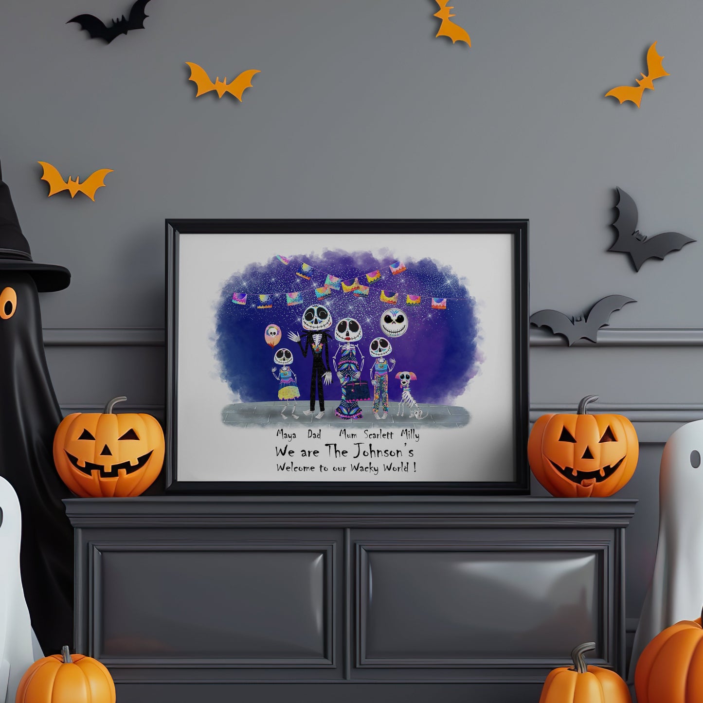 Custom Skeleton Family Print for Whimsical Spooky Season Decor, Spooky-Chic Custom Wall Art, Unique Family Print for Halloween