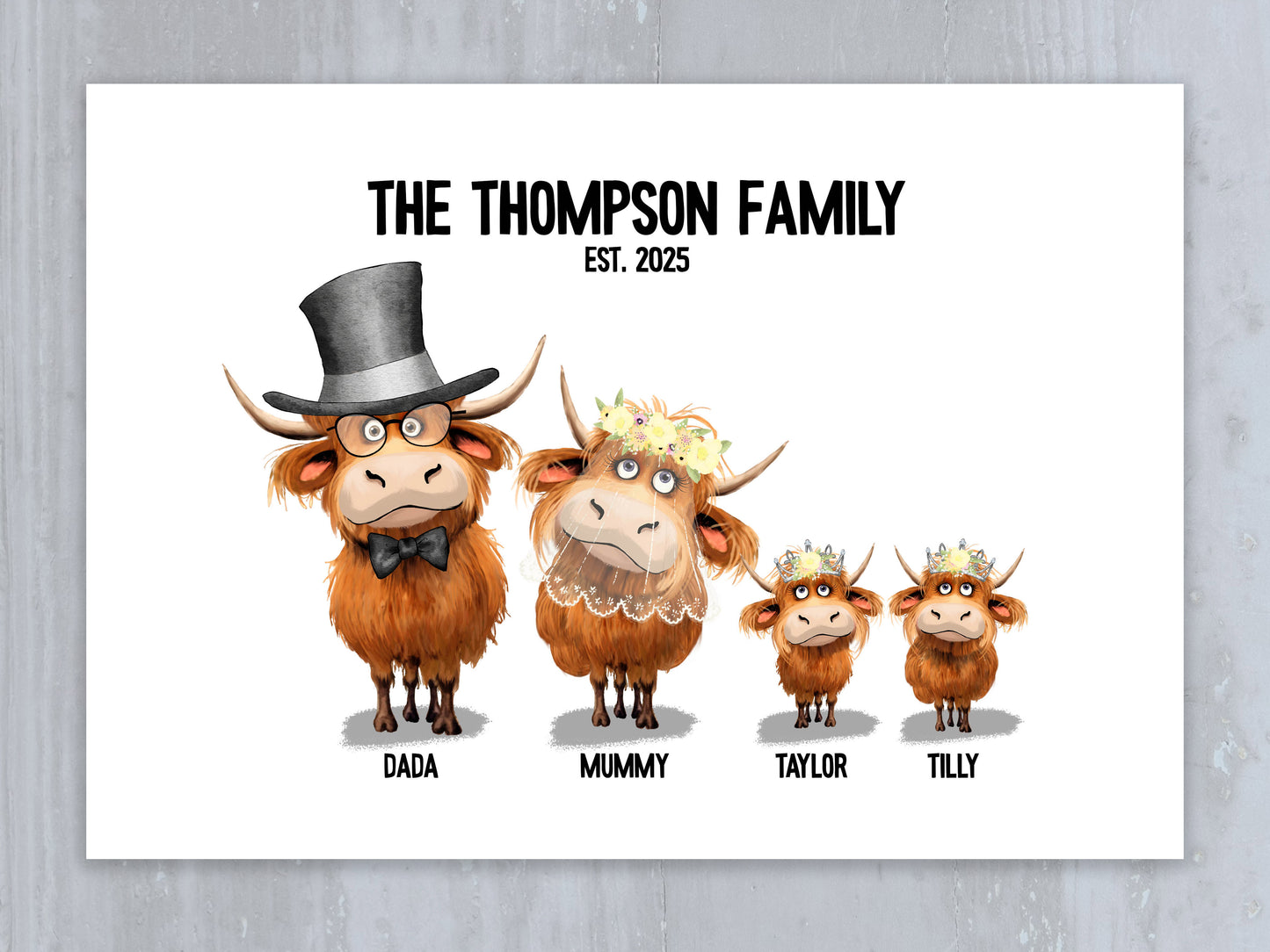 personalised artwork with cartoon Highland cows and text on a light background with individual names
