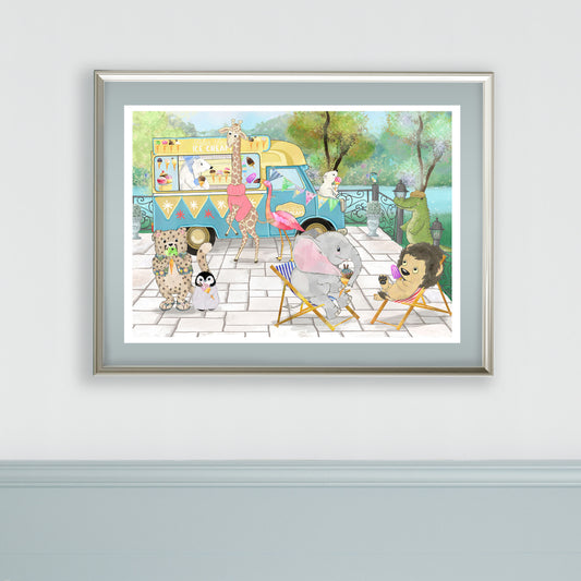 Whimsical Nursery Art Print, Animals & the Vintage Ice Cream Van, Animal Theme Nursery Print, Gorgeous Children's Wall Art, Whimsical Animal Art Print, Colourful Animal Nursery