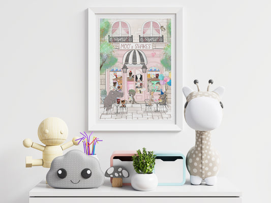 Animal Nursery Print, Whimsical Children's Wall Art, Pink Tones, Milkshakes Print, Whimsical animal art, Beautiful Nursery Prints & Children's Room Decor