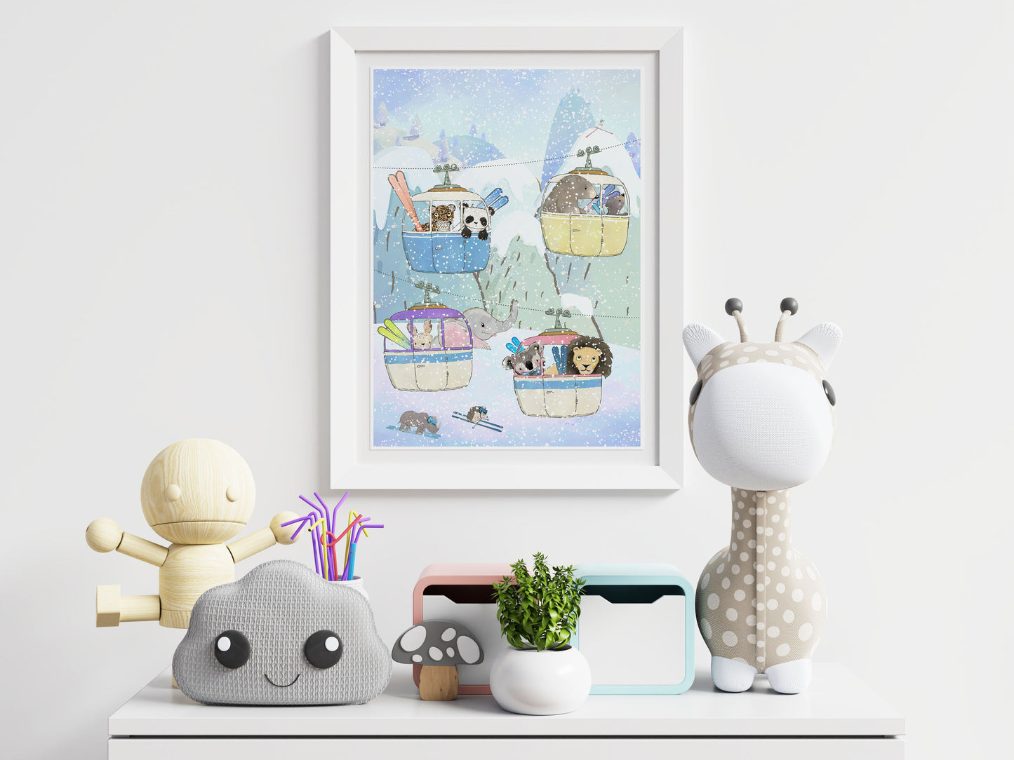 Nursery Wall Art, Mountain Theme Nursery Print, Children's Wall Art, Animals Skiing Print, Whimsical Animal Art Print