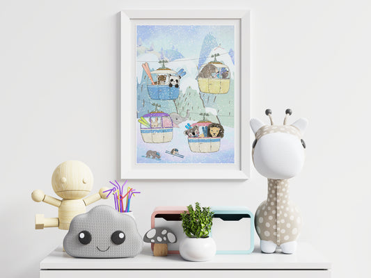 Nursery Wall Art, Mountain Theme Nursery Print, Children's Wall Art, Animals Skiing Print, Whimsical Animal Art Print