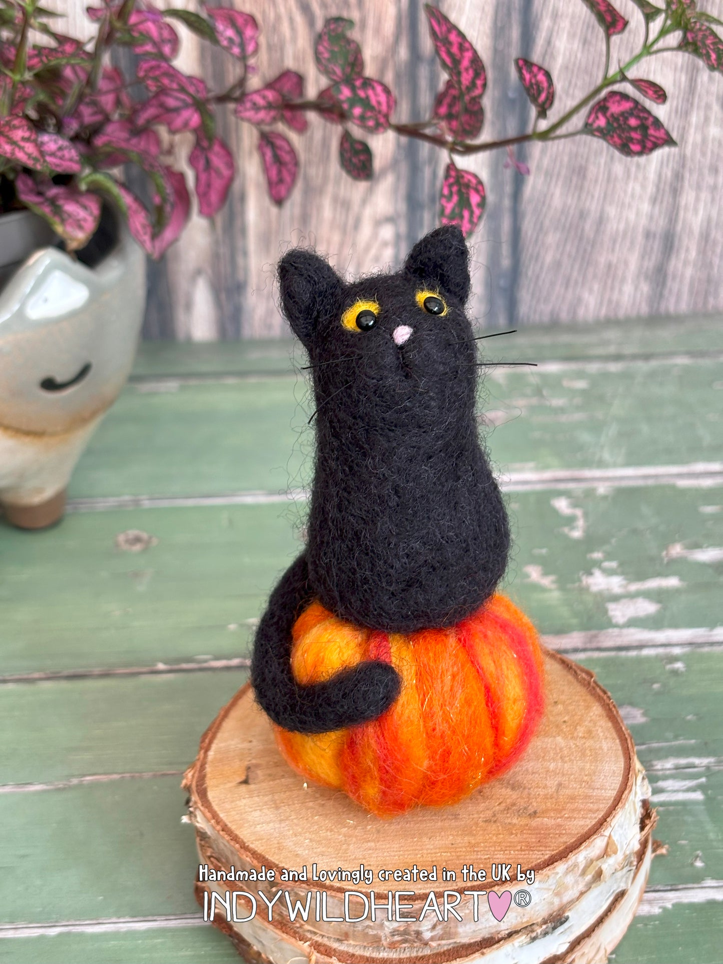 Black Cat Needle Felted - Cat on a Pumpkin Needle Felted Autumn Decoration - Felted Cat Figurine
