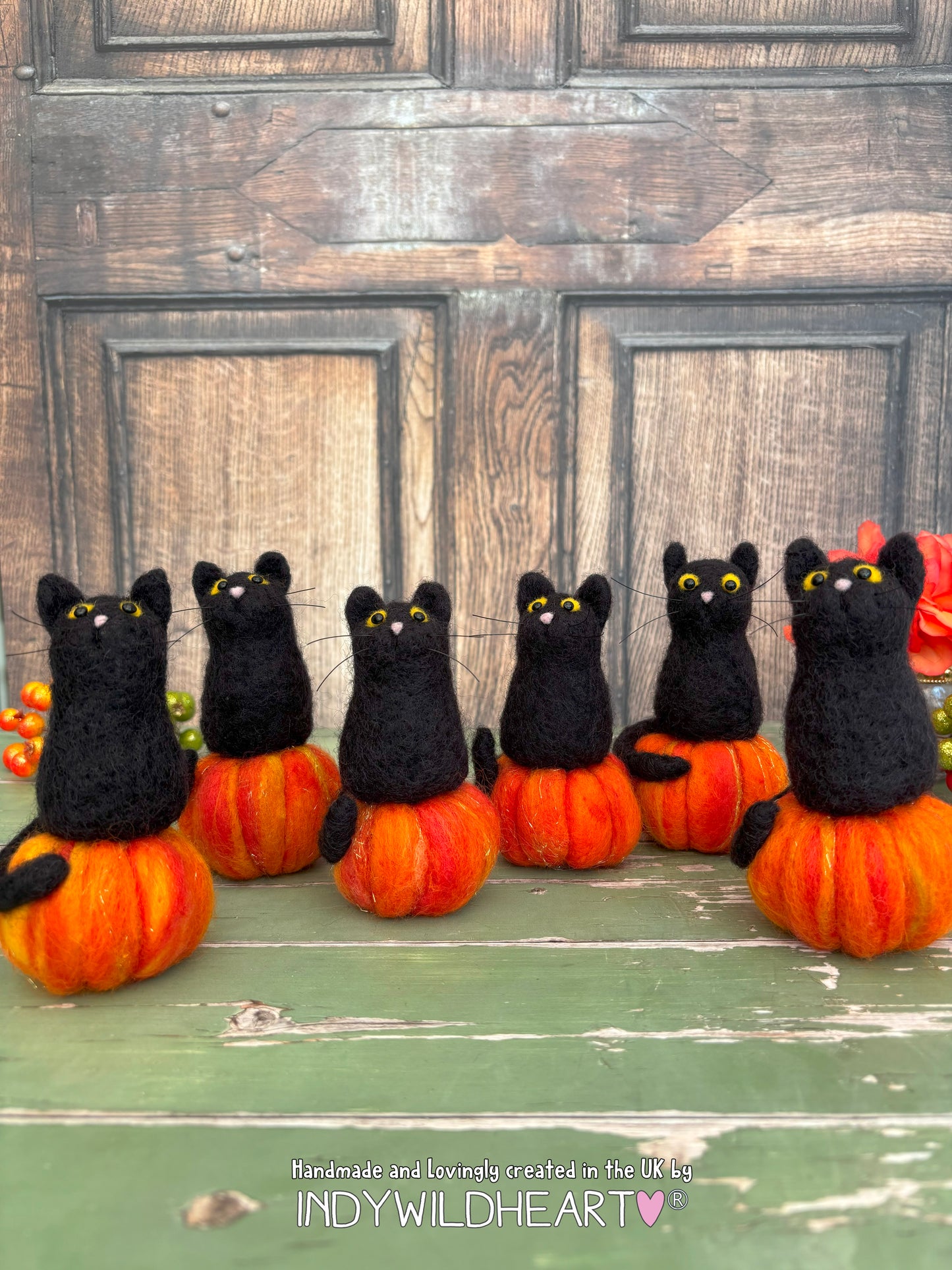 Black Cat Needle Felted - Cat on a Pumpkin Needle Felted Autumn Decoration - Felted Cat Figurine