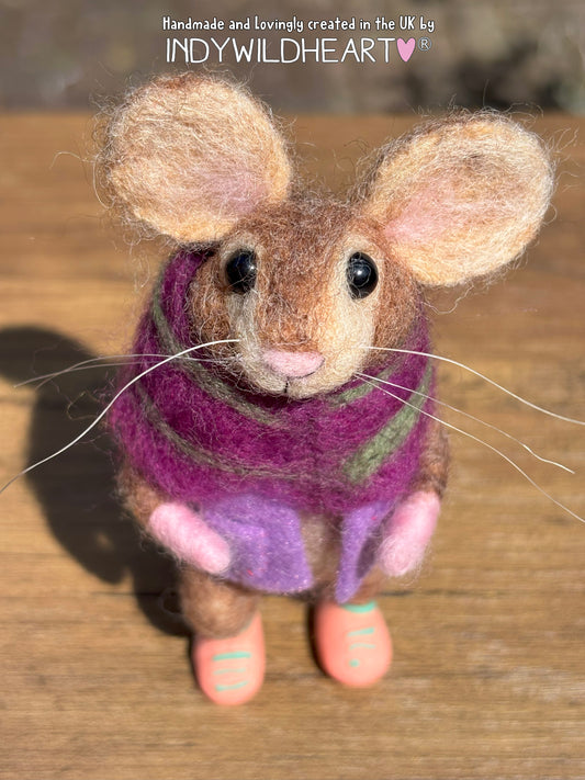 Felted mouse toy wearing a purple scarf with 'Indywildheart' branding.