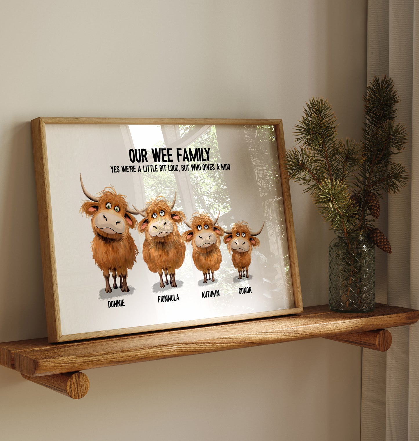 personalised artwork with cartoon Highland cows and text on a light background with individual names