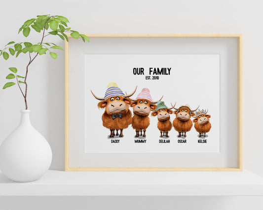 personalised artwork with cartoon Highland cows and text on a light background with individual names