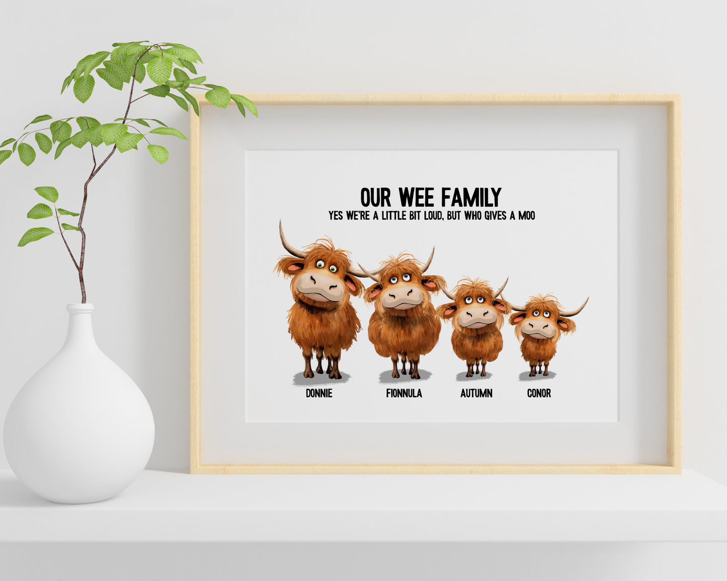 personalised artwork with cartoon Highland cows and text on a light background with individual names