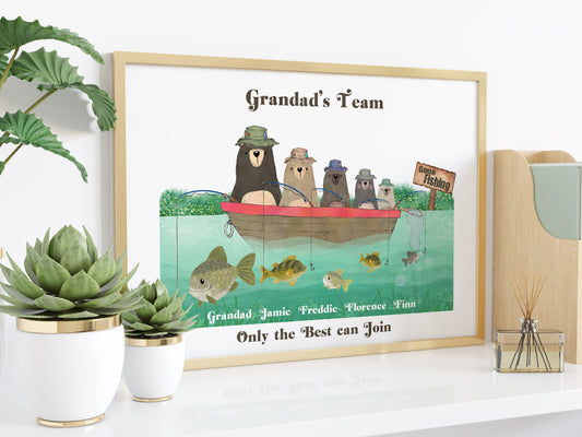 bears representing each family member in a boat fishing personalised art print