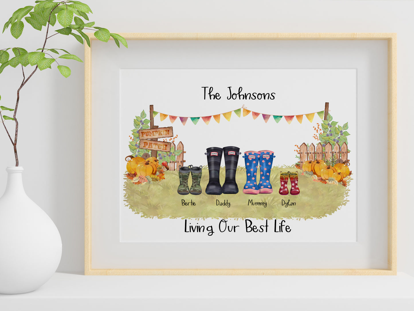 Family Welly Boot Print, Halloween Fall Theme, Personalised Print, Personalised Gift, Autumn Welly Boot Print, Gift for Her Birthday, Autumn Birthday