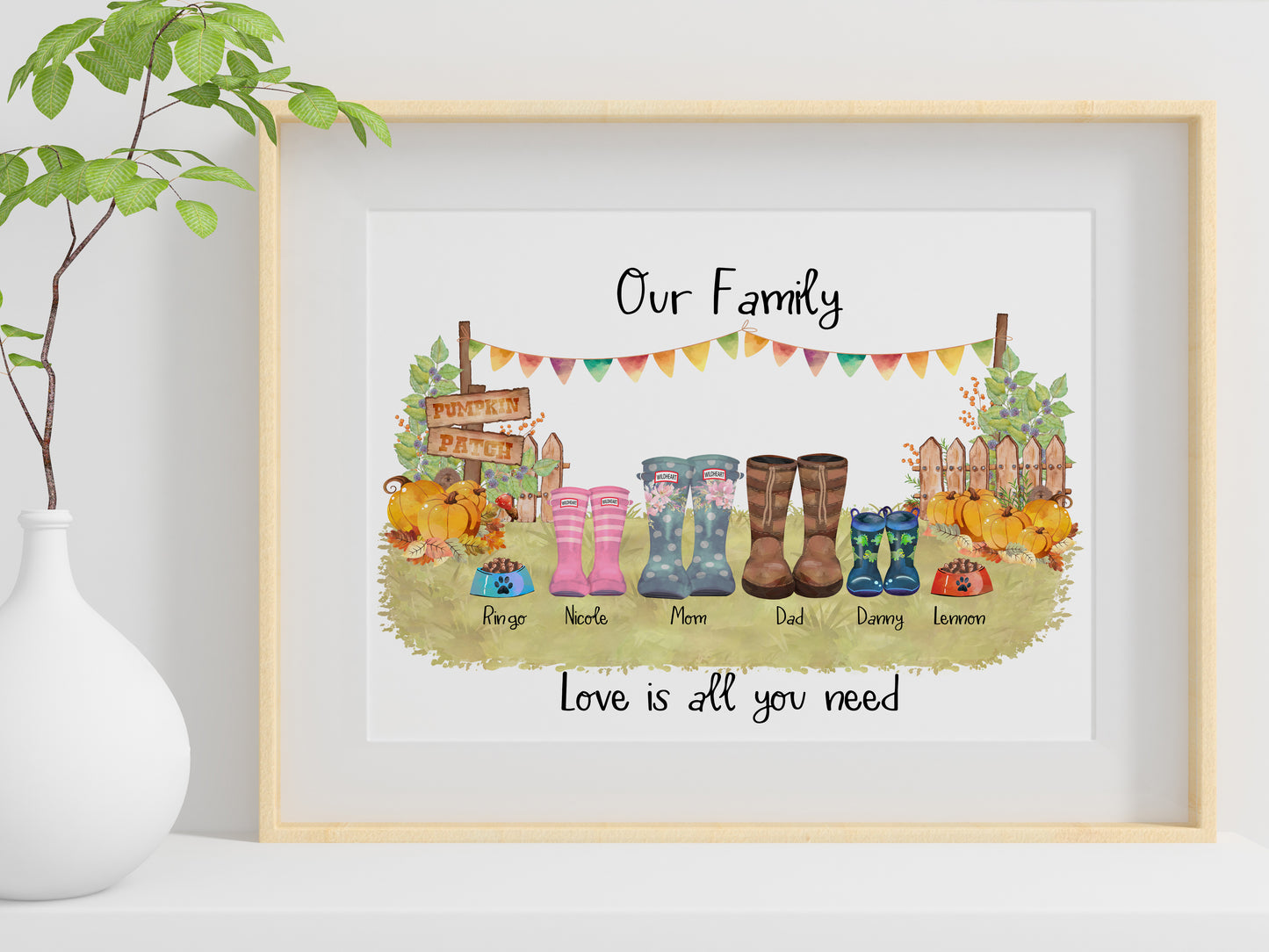 Family Welly Boot Print, Halloween Fall Theme, Personalised Print, Personalised Gift, Autumn Welly Boot Print, Gift for Her Birthday, Autumn Birthday