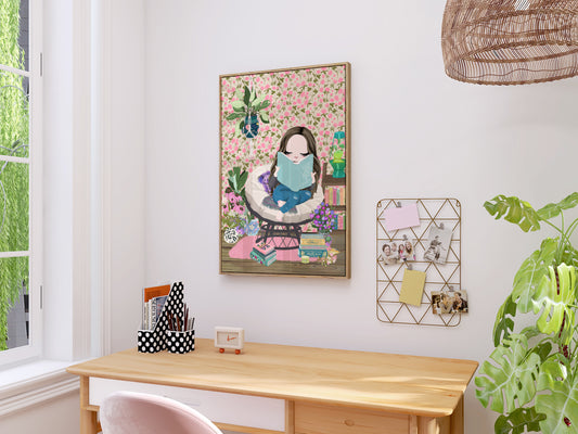 Book Lovers Print, Girl Reading Books Print, Boho Room Art Prints, Book Nook, Cottage Core, Book Lovers Gift, Mindfulness, Me Time, Fun & Colourful Prints