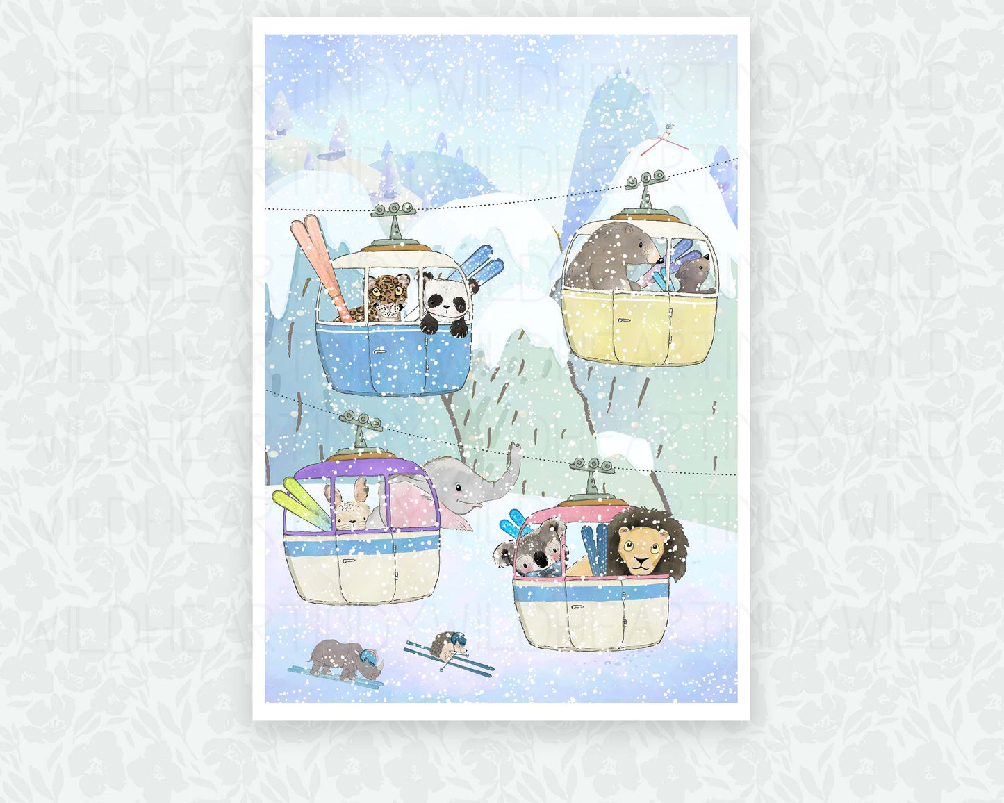 Nursery Wall Art, Mountain Theme Nursery Print, Children's Wall Art, Animals Skiing Print, Whimsical Animal Art Print