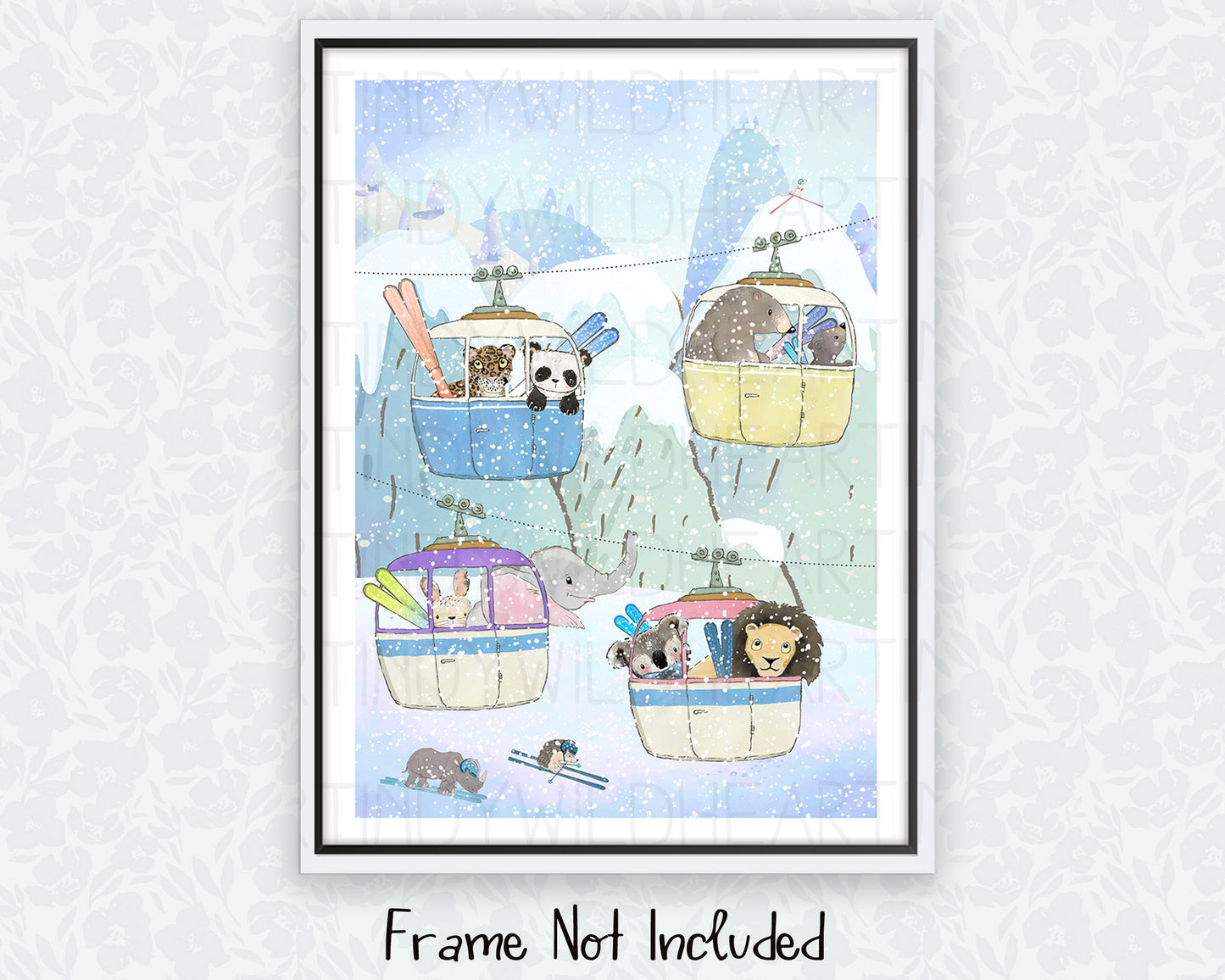 Nursery Wall Art, Mountain Theme Nursery Print, Children's Wall Art, Animals Skiing Print, Whimsical Animal Art Print