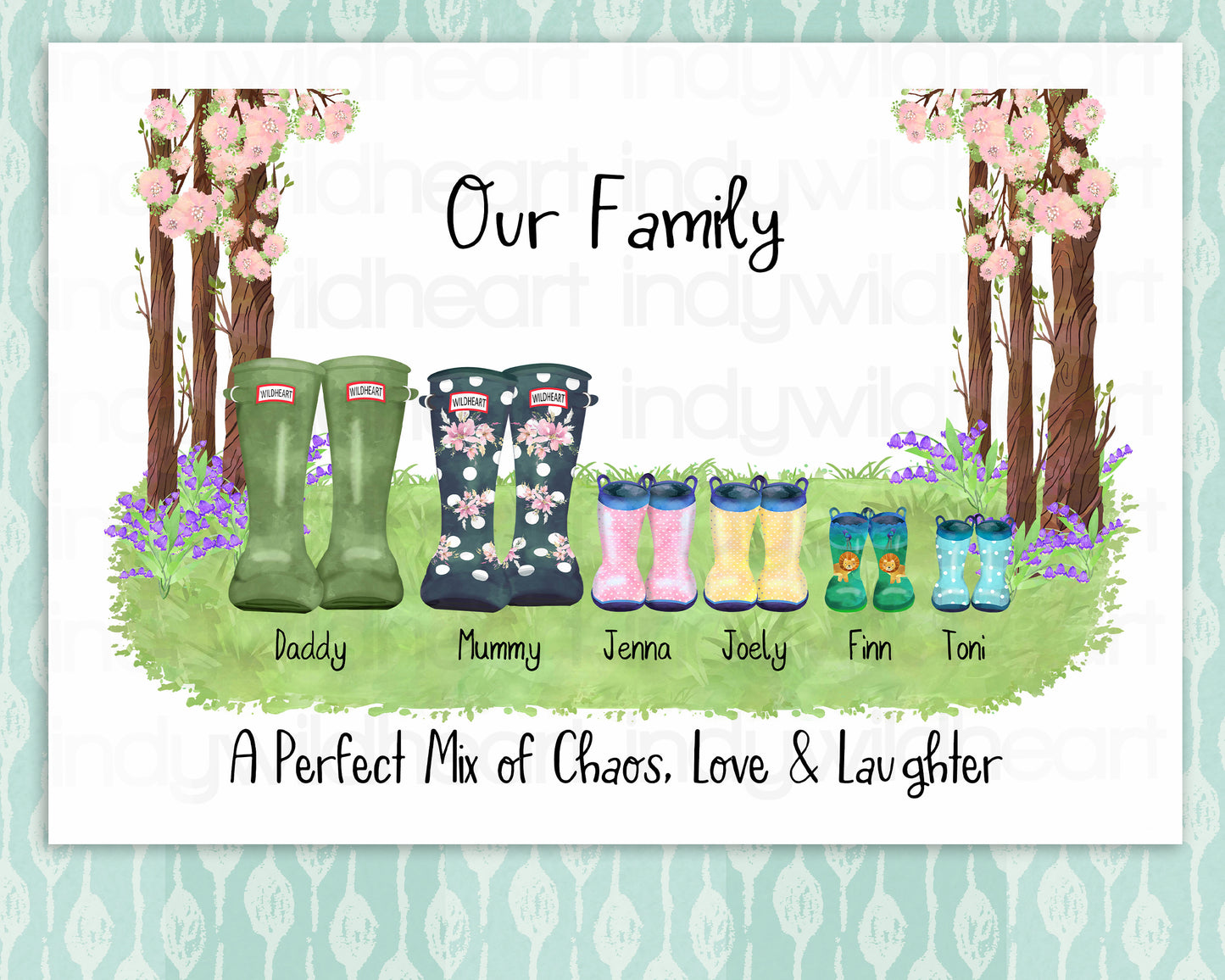 Personalised Welly Boot Family Print, Personalised Gift, Seasonal Wall Decor, Fun Family Art Print, Classic Welly Boot Print