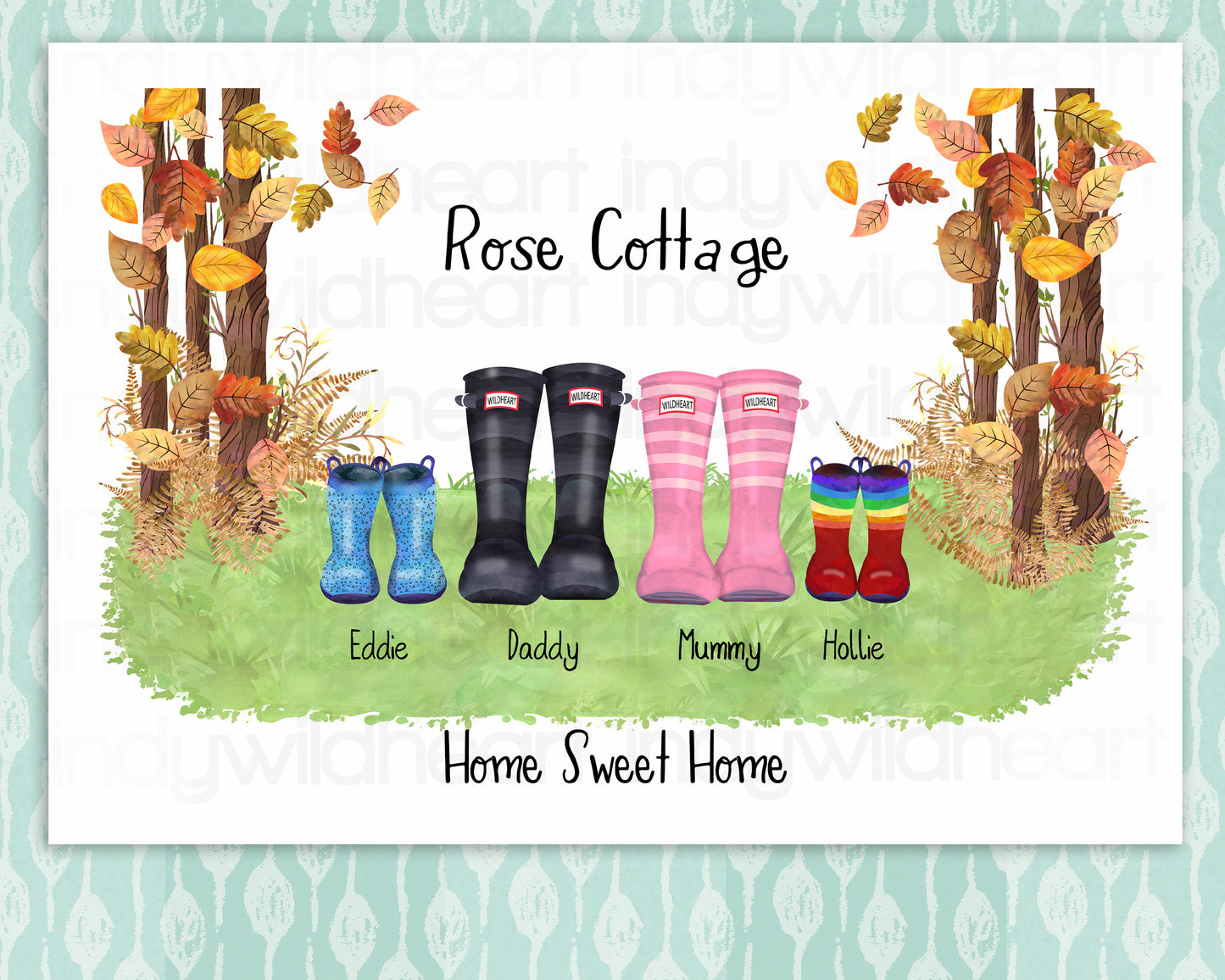 Personalised Welly Boot Family Print, Personalised Gift, Seasonal Wall Decor, Fun Family Art Print, Classic Welly Boot Print
