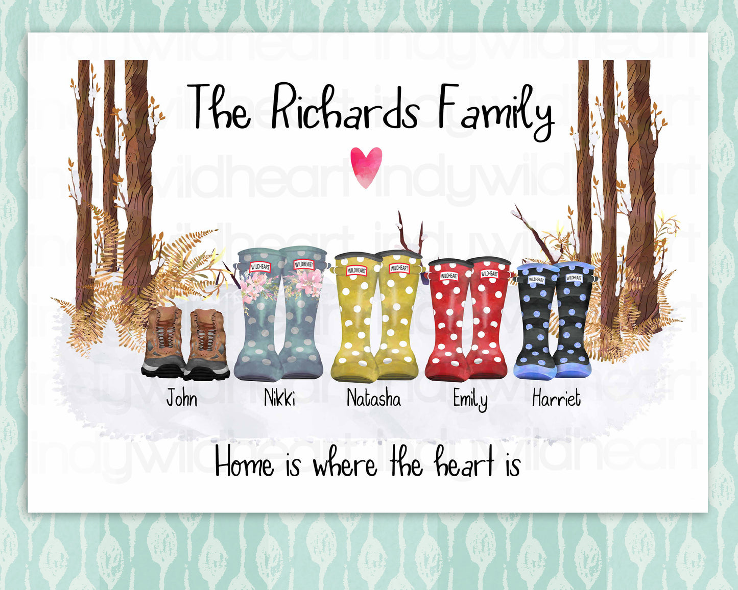 Personalised Welly Boot Family Print, Personalised Gift, Seasonal Wall Decor, Fun Family Art Print, Classic Welly Boot Print