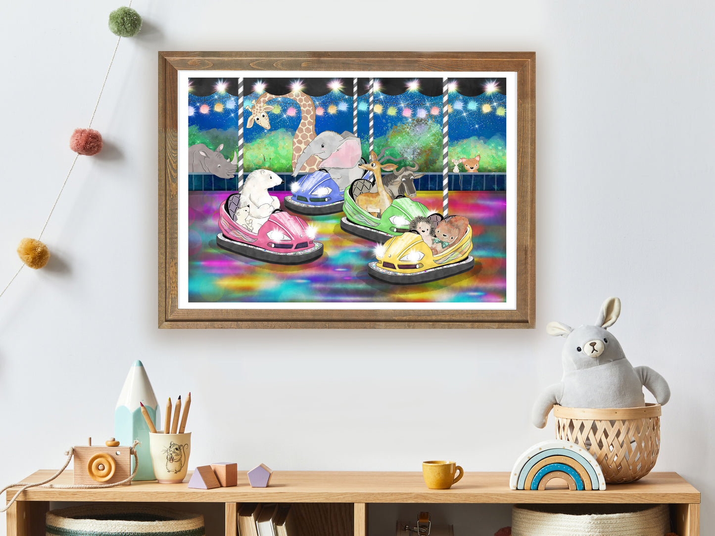 Whimsical Nursery Prints, Animal Theme, Whimsical Animal Art, Animals in Dodgems, Colourful Nursery & Children's Room Art Print, Gender Neutral Nursery Prints with Animal Themey Print