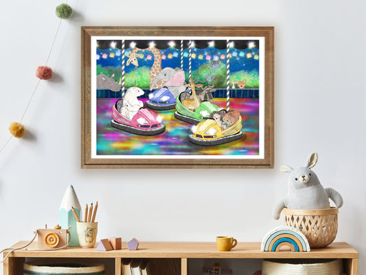 Whimsical Nursery Prints, Animal Theme, Whimsical Animal Art, Animals in Dodgems, Colourful Nursery & Children's Room Art Print, Gender Neutral Nursery Prints with Animal Themey Print