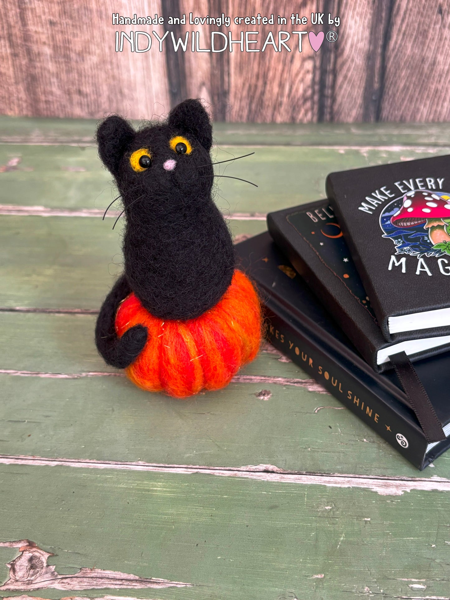 Black Cat Needle Felted - Cat on a Pumpkin Needle Felted Autumn Decoration - Felted Cat Figurine