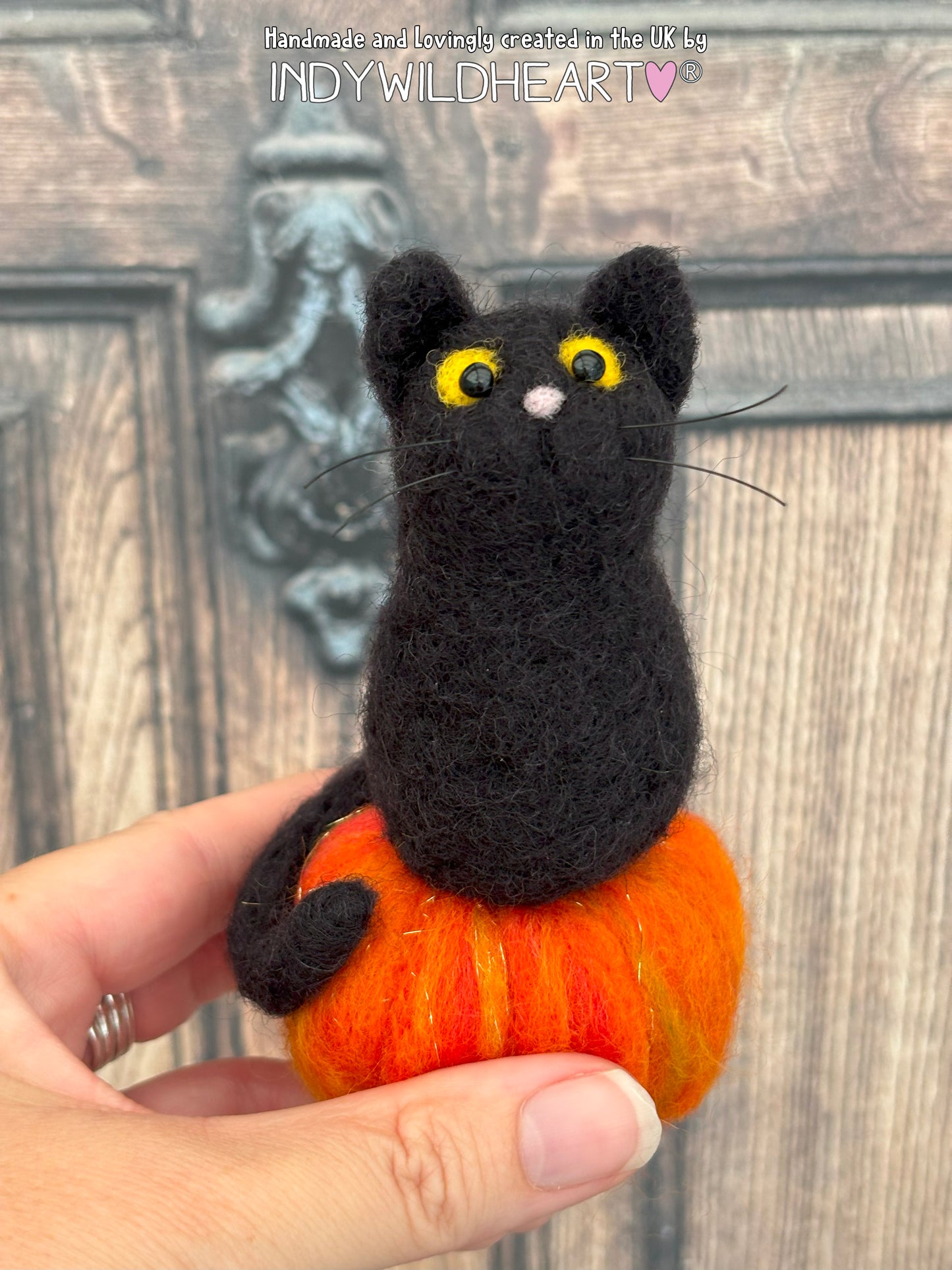Black Cat Needle Felted - Cat on a Pumpkin Needle Felted Autumn Decoration - Felted Cat Figurine