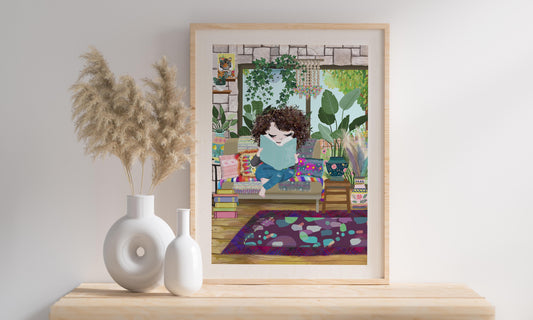 Book Lovers Print, Girl Reading Books Print, Bedroom Art Prints, Book Nook, Cottage Core, Book Lovers Gift, Mindfulness, Me Time, Fun & Colourful Prints