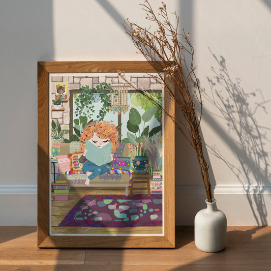 Book Lovers Print, Girl Reading Books Print, Bedroom Art Prints, Book Nook, Cottage Core, Book Lovers Gift, Mindfulness, Me Time, Fun & Colourful Prints