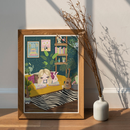 Book Lovers Print, Girl Reading Books Print, Boho Room Art Prints, Book Nook, Cottage Core, Book Lovers Gift, Mindfulness, Me Time, Fun & Colourful Prints