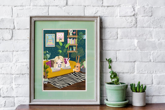 Book Lovers Print, Girl Reading Books Print, Boho Room Art Prints, Book Nook, Cottage Core, Book Lovers Gift, Mindfulness, Me Time, Fun & Colourful Prints