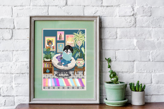 Book Lovers Print, Girl Reading Books Print, Boho Room Art Prints, Book Nook, Cottage Core, Book Lovers Gift, Mindfulness, Me Time, Fun & Colourful Prints
