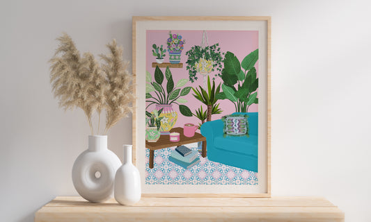 Pink Room - Botanical Art Print - Plants in Pink Lounge - Cottage Core Aesthetic - Beautiful Vibrant On Trend Print - Colourful & Fun Print