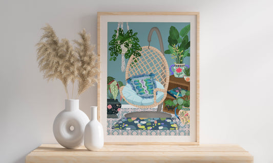 Botanical Room Egg Chair Boho Print - Cottage Core Decor - Beautiful Vibrant House Plant Print - Relaxing Room