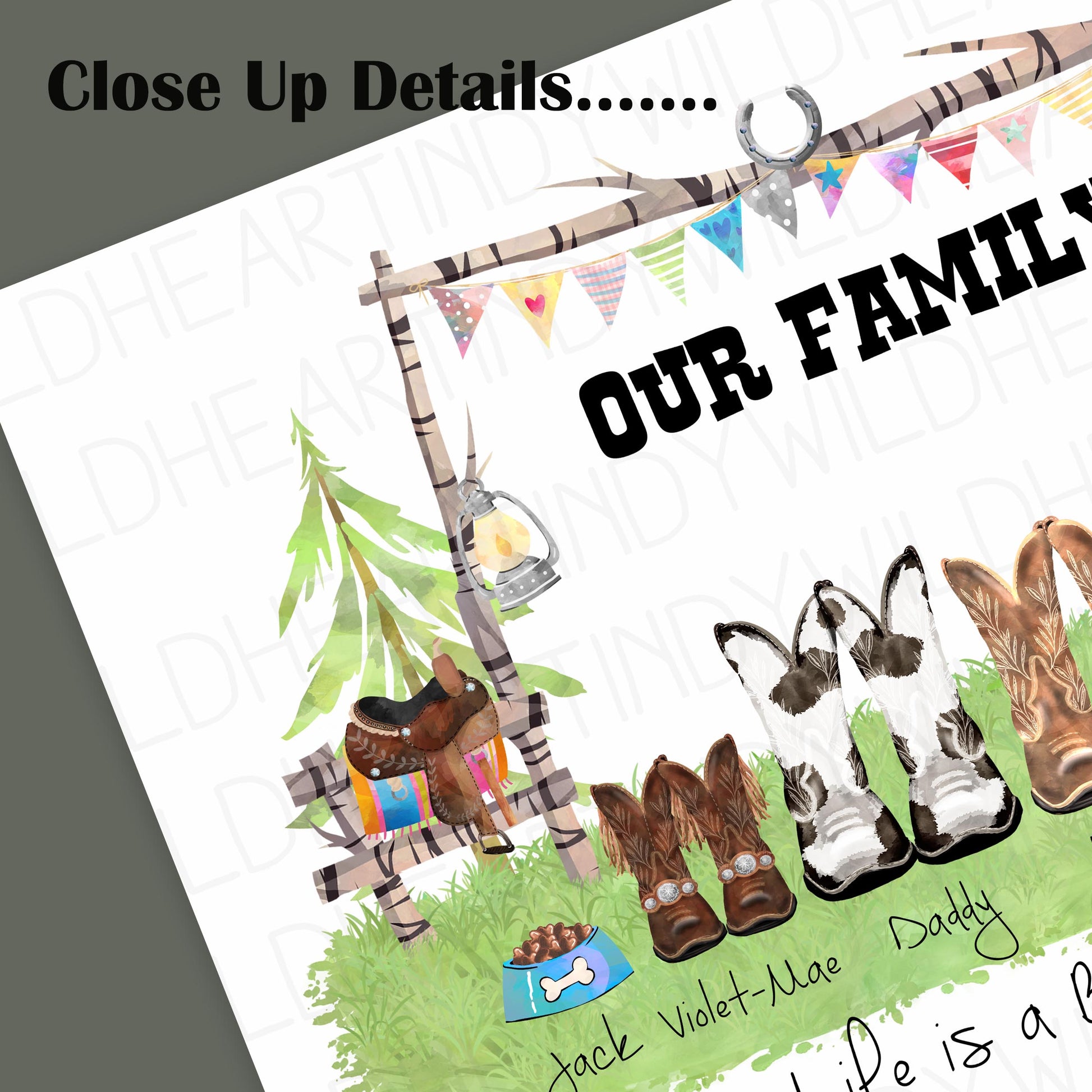  Each family member gets to choose their own distinctive cowboy boots, and a family quote that best suits you, creating a one-of-a-kind art print with country music vibes.