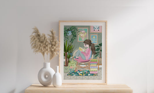 Book Lovers Print, Girl Reading Books Print, Boho Room Art Prints, Book Nook, Cottage Core, Book Lovers Gift, Mindfulness, Me Time, Fun & Colourful Prints