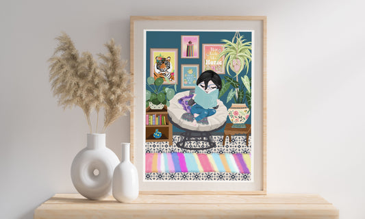 Book Lovers Print, Girl Reading Books Print, Boho Room Art Prints, Book Nook, Cottage Core, Book Lovers Gift, Mindfulness, Me Time, Fun & Colourful Prints