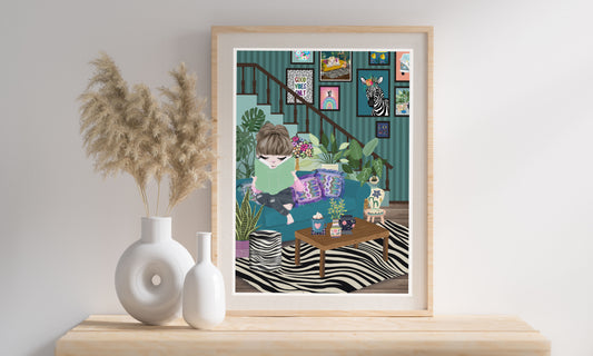 Book Lovers Print, Girl Reading Books Print, Boho Room Art Prints, Book Nook, Cottage Core, Book Lovers Gift, Mindfulness, Me Time, Fun & Colourful Prints